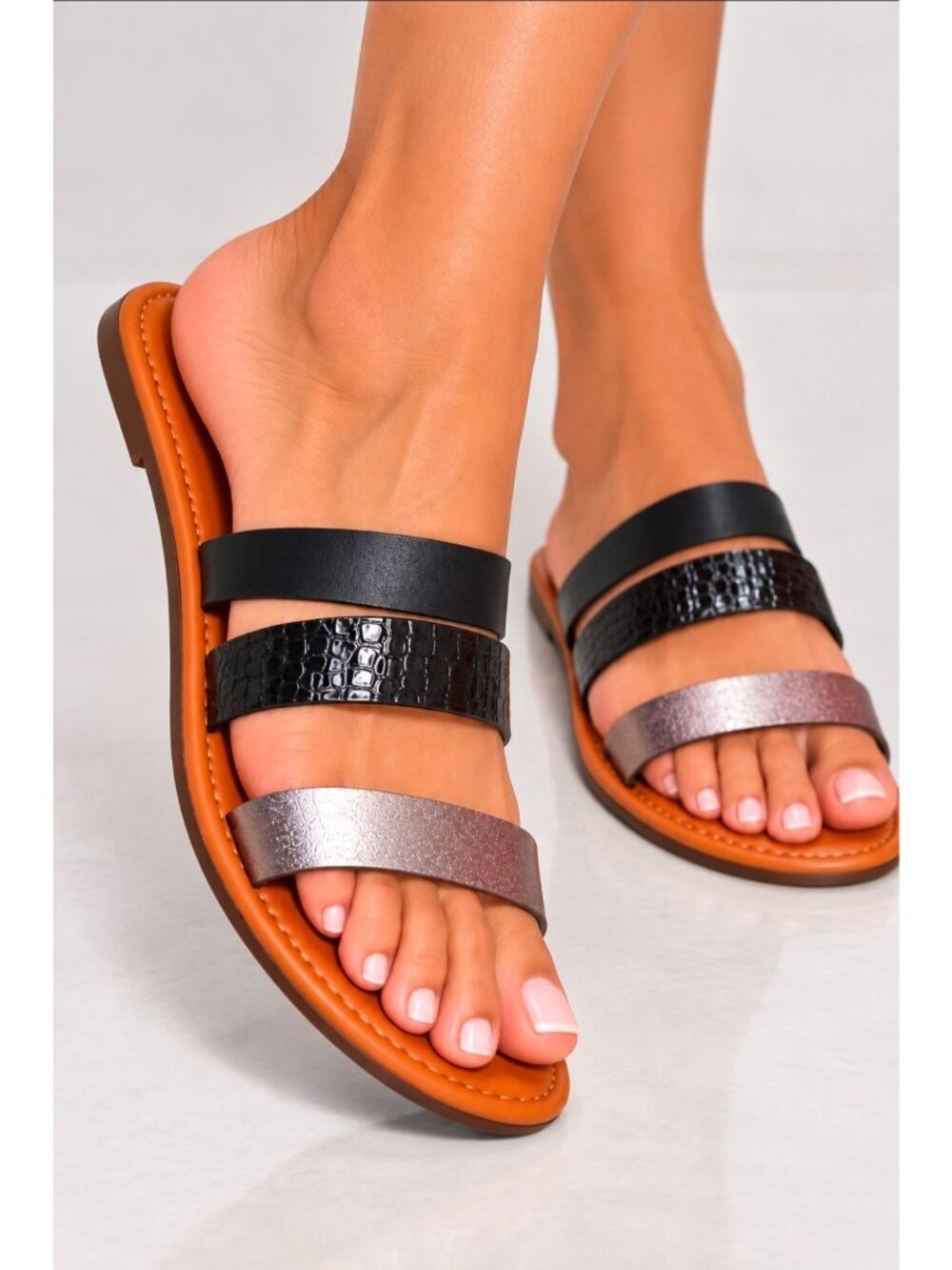 Black & Metallic Silver Croc Embossed Triple Strap Flat Slide Sandals